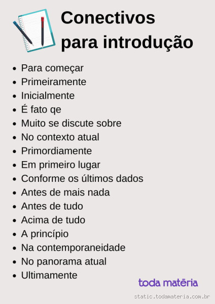Quais são os conectivos utilizados na introdução de um texto?
